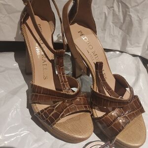 Pedro Miralles Cognac Croc-Embossed Leather Block Heel Sandals